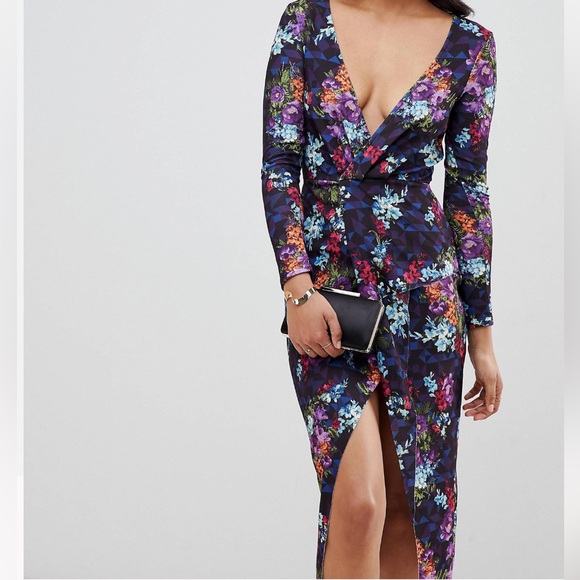 ASOS Dresses & Skirts - ASOS Long Sleeved Textured Wrap MIDI Dress Geo Floral Print 6